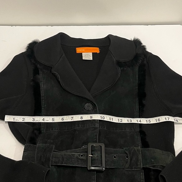 Cynthia Steffee Black Suede & Knit Belted Coat Rabbit Fur Trim Women’s Size L - Picture 6 of 6